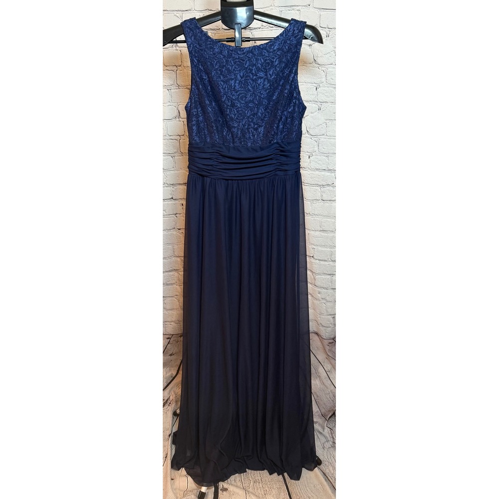 JH Evenings Navy Blue Lace Bodice Ruched Waist Chiffon Gown Dress Size 12